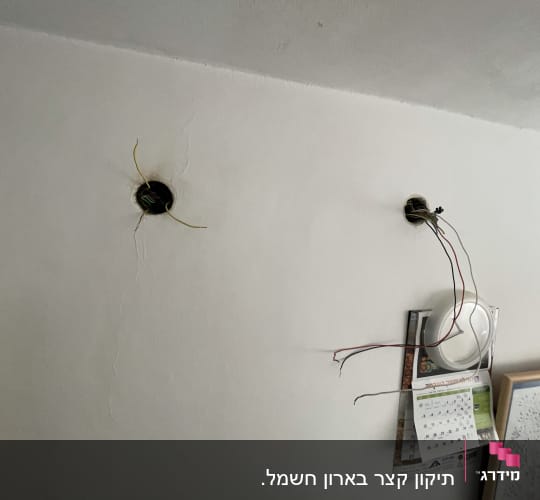 חוטי חשמל יוצאים מקופסאות בקיר לבן